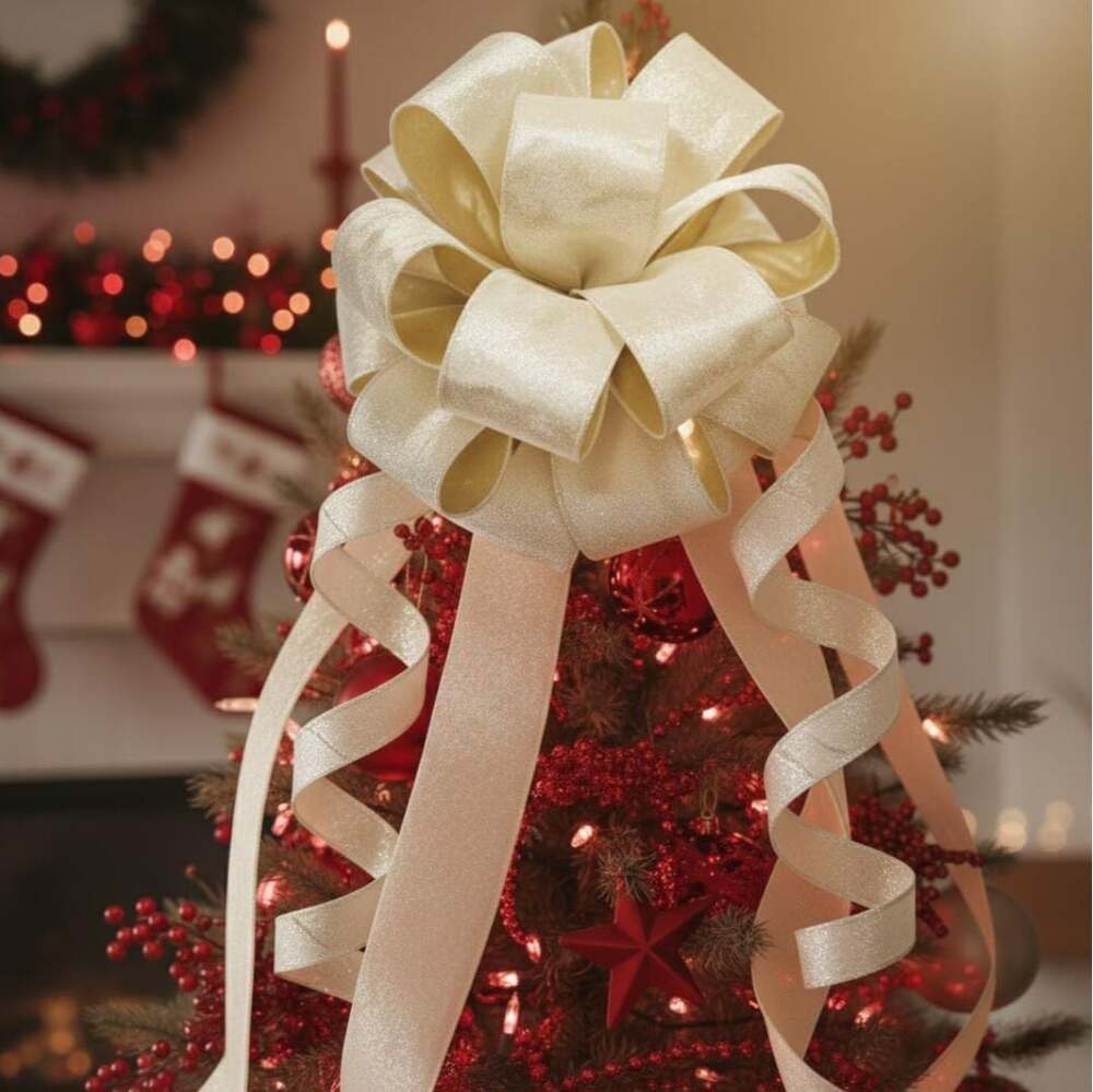 CT CRAFT LLC Ivory Velvet Christmas Tree Topper Bow with 4 Streamers, 11 in